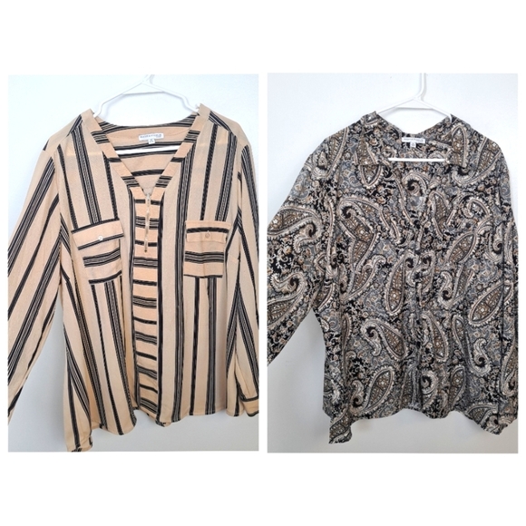 Notation Bundle Of 2 Cream Black Striped & Paisley Print Long Sleeve Shirt Sz 3X - Picture 1 of 11